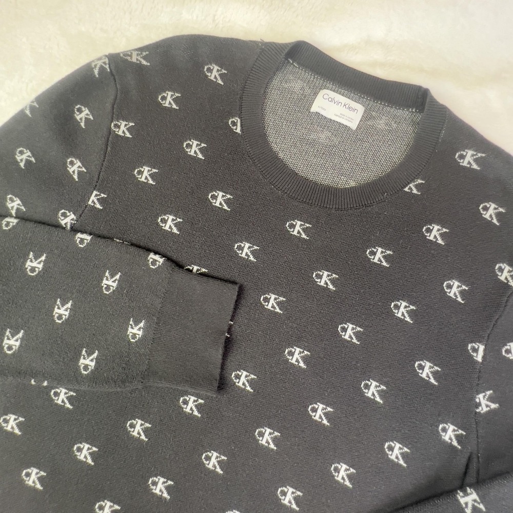 Calvin Klein Sweater Mens XL Gray CK Monogram Logo Crewneck Cotton Pullover